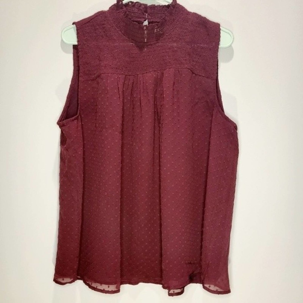 Loft Clip Dot Ruffle Mixed Media Shell Sleeveless Blouse Maroon XL